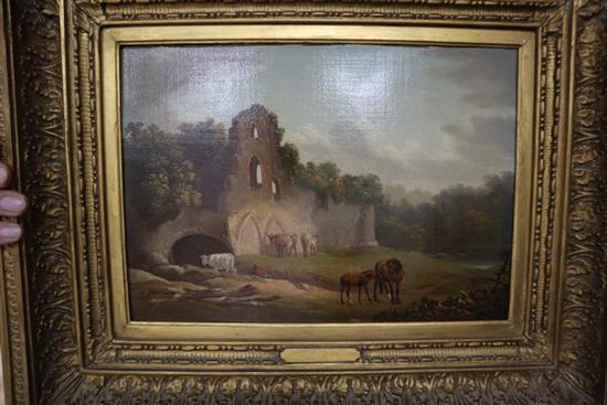 Follower of Julius Caesar Ibbetson (1759-1817), oil on canvas, Figure, cattle and horses in a landscape with ruin, 24 x 34cm